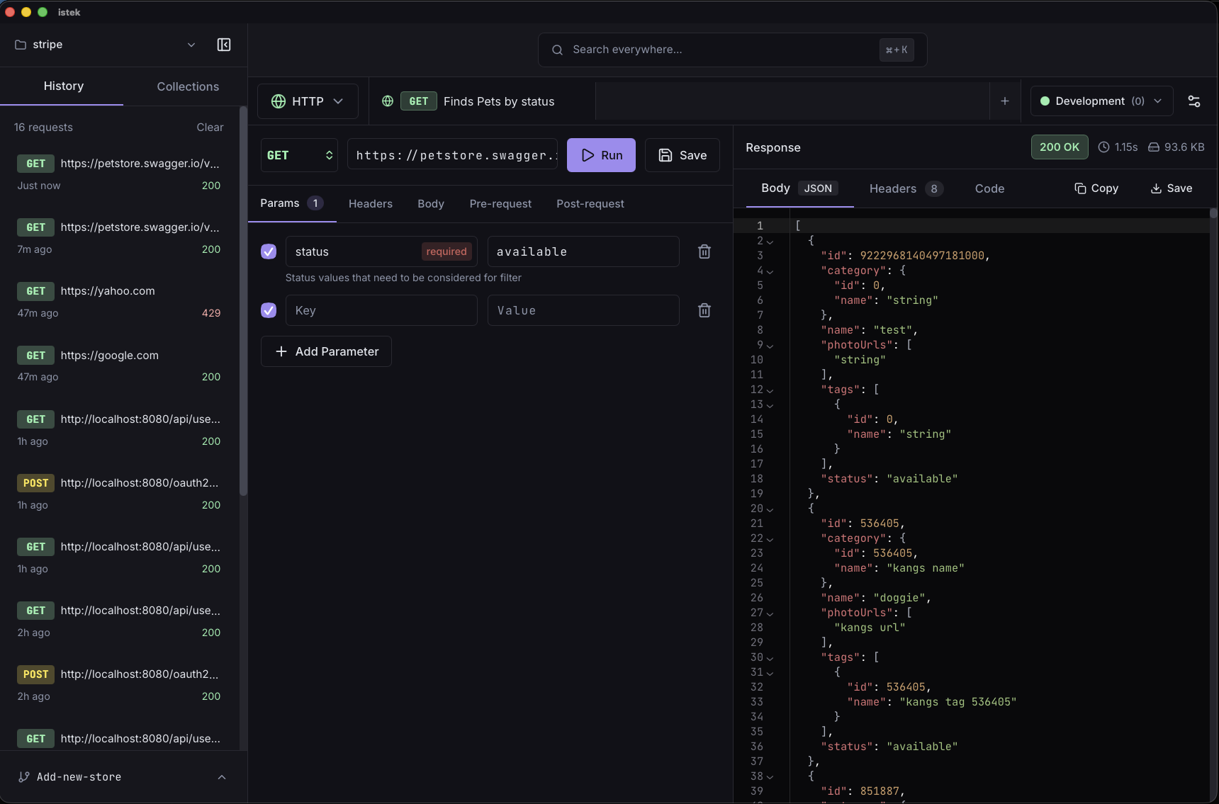 Istek AI-native API client interface showing MCP integration panel, HTTP request editor with response viewer, and AI agent connectivity