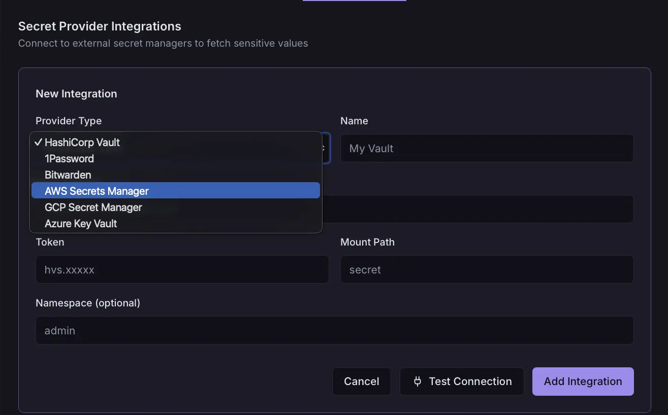 Environment variable manager in Istek showing development, staging, and production environment configurations