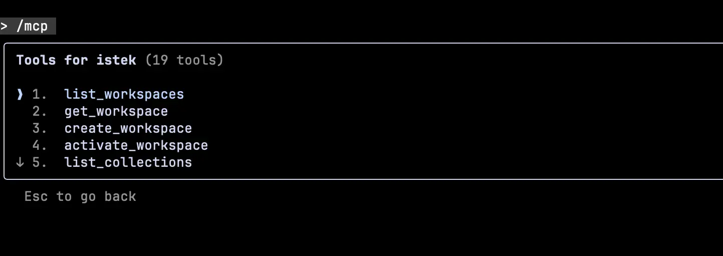 MCP server connection panel in Istek showing Claude AI integration for API testing automation