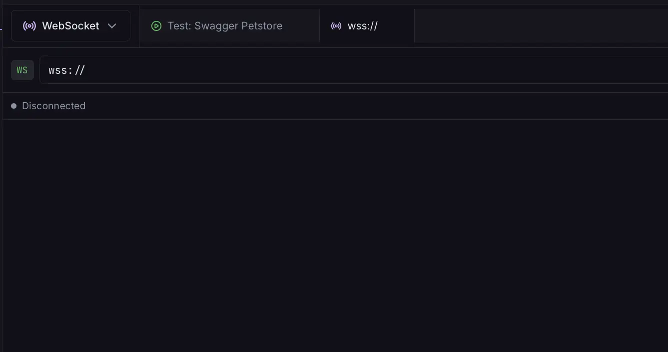 WebSocket client showing real-time bidirectional message streaming and connection status